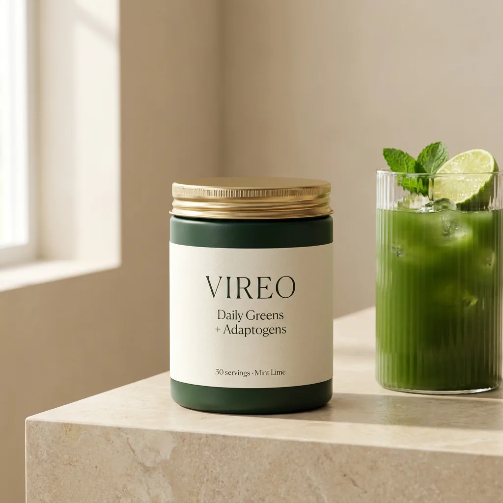 VIREO Daily Greens canister next to a glass of green drink on stone