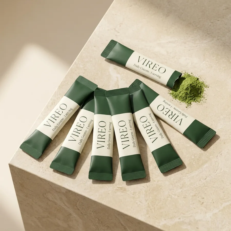 VIREO single-serve sachets on a stone counter
